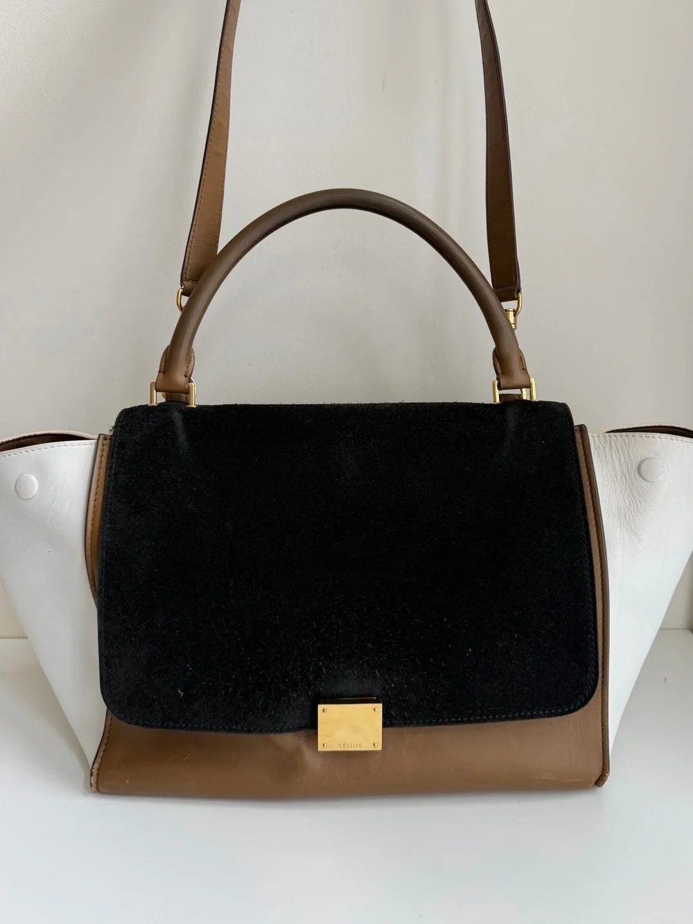 Authentic CELINE Medium Trapeze Tricolor Leather Suede Handbag